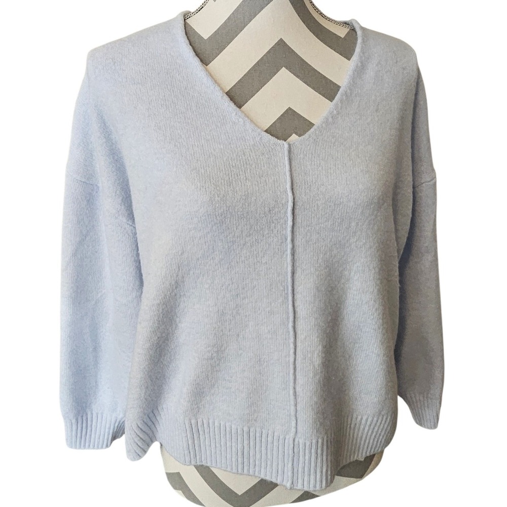 Vince Camuto Womens Light Blue V-Neck Center Seam Knit Pullover Sweater Size L